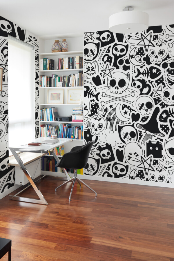 Fancy Walls Monochrome Spooky Art wall mural peel and stick with black and white skulls and stars adding bold Halloween charm to creative spaces