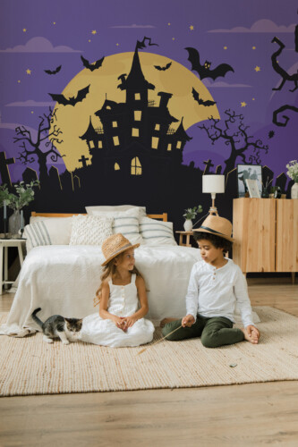 Halloween Night wall mural by Fancy Walls featuring haunted house with bats and glowing moon peel and stick wall mural