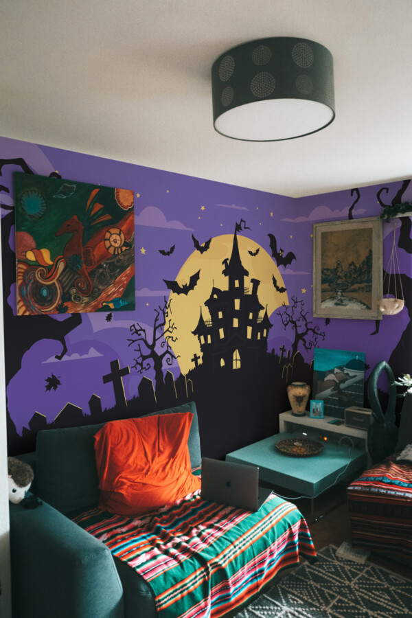 Fancy Walls Halloween Night wall mural peel and stick with gothic purple sky and spooky landscape
