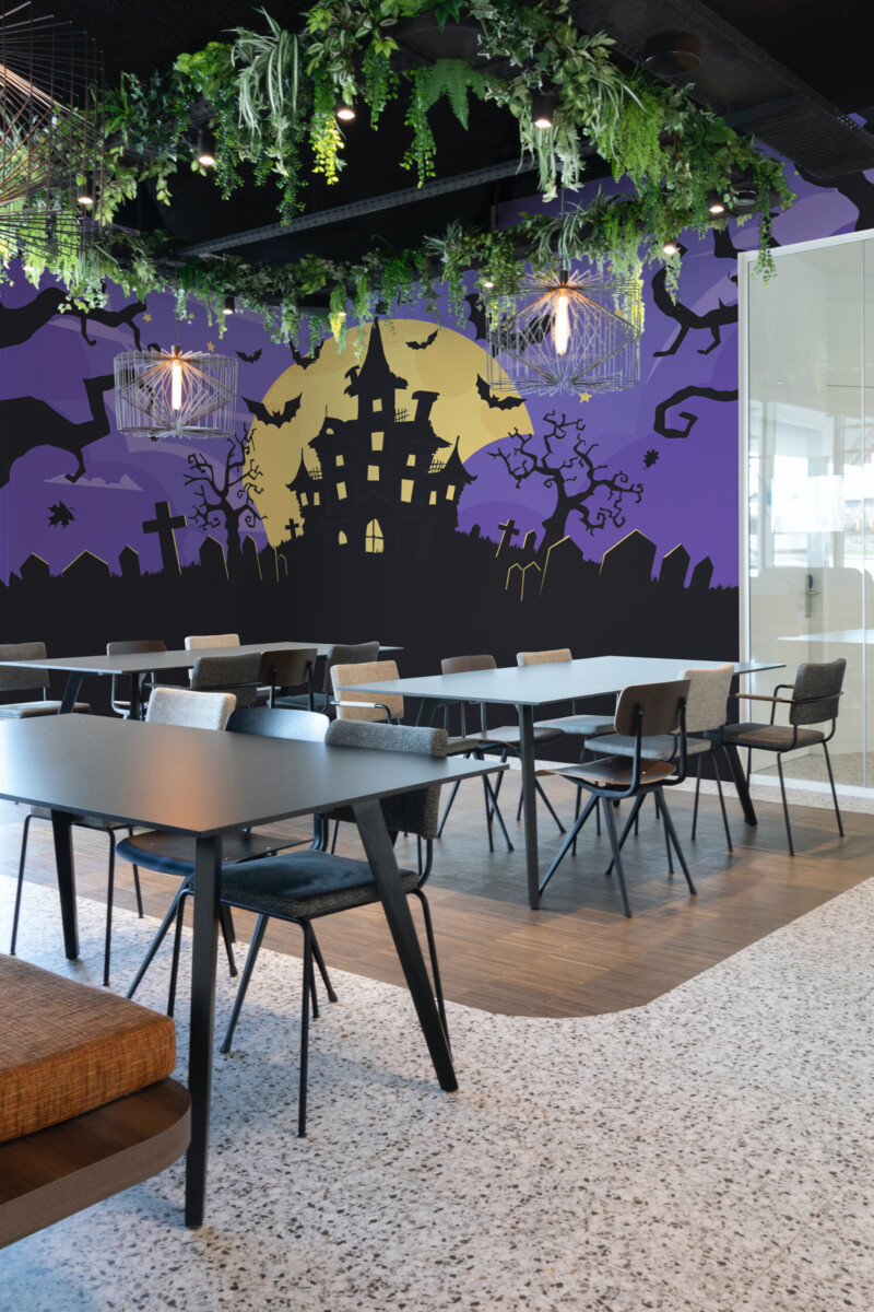 Halloween Night wall mural by Fancy Walls showcasing haunted castle scene and full moon wall mural peel and stick