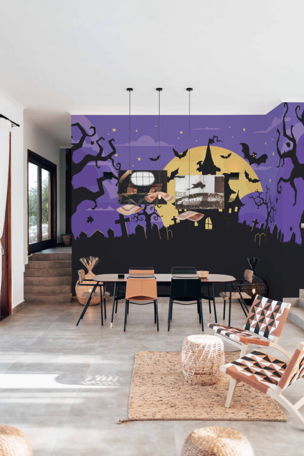 Fancy Walls Halloween Night printed wall mural with eerie graveyard and flying bats wall mural printing
