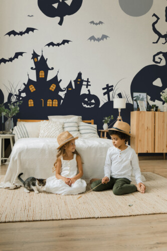 Halloween Shadow Night wall mural by Fancy Walls featuring spooky pumpkins, bats, and a haunted castle on a black and white background peel and stick wall mural design