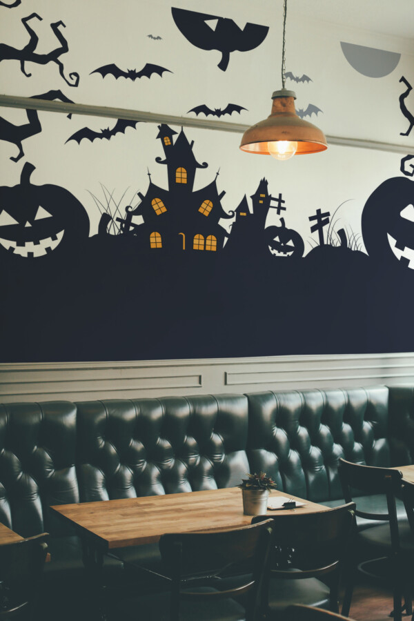 Halloween Shadow Night wall mural by Fancy Walls with eerie silhouettes of pumpkins and haunted houses creating a fun Halloween vibe wall mural peel and stick finish