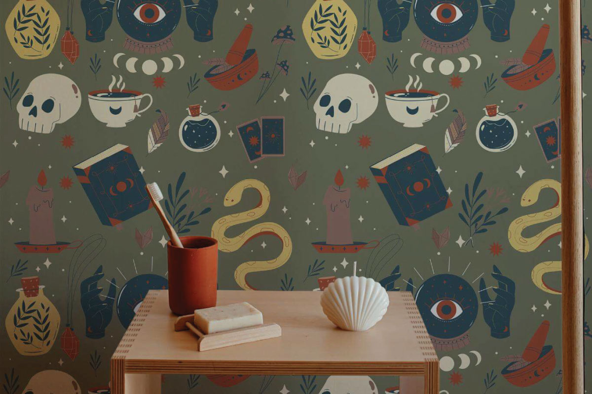 Fancy Walls Halloween wallpaper collection. Funky and Spooky peel and stick or non-pasted PVC-free and eco-friendly seasonal wallpaper for walls