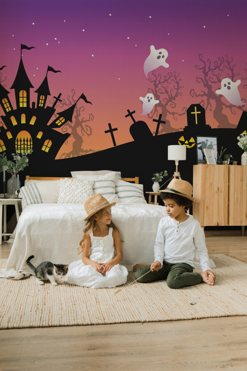 Fancy Walls Halloween Haunted Hill wall mural peel and stick with spooky trees, gravestones, and a winding path illuminated by jack o lanterns for playful seasonal decor