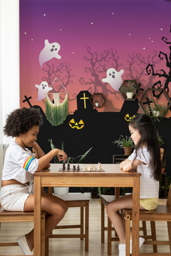 Haunted Twilight Horizon wall mural by Fancy Walls showing an eerie silhouette of a haunted castle against a glowing twilight gradient wall mural peel and stick finish