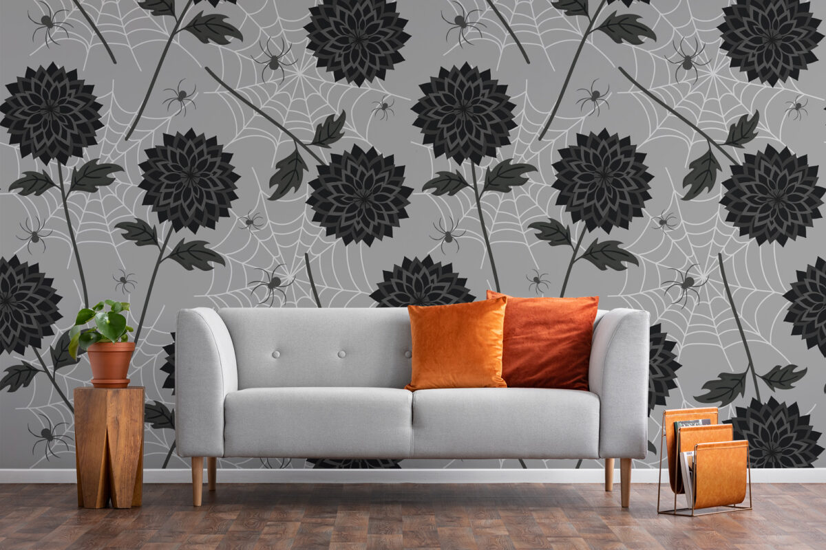Noir blooms and spiders wall mural with large black flowers and white spiderwebs for bold, spooky designer interiors