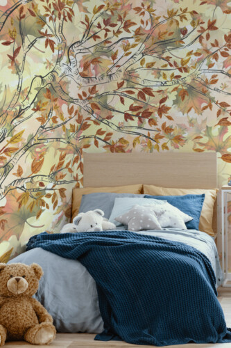 Watercolor Autumn Tree wall mural by Fancy Walls featuring soft brown branches and watercolor maple leaves in gentle fall tones peel and stick wall mural design