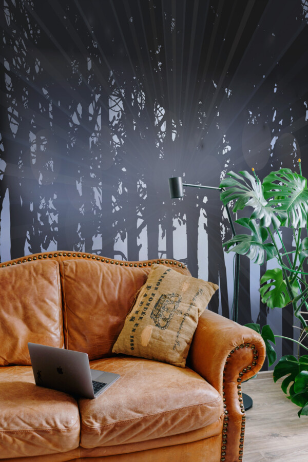 Midnight Forest wall mural by Fancy Walls showing a deep, shadowed woodland scene illuminated by subtle highlights wall mural peel and stick finish