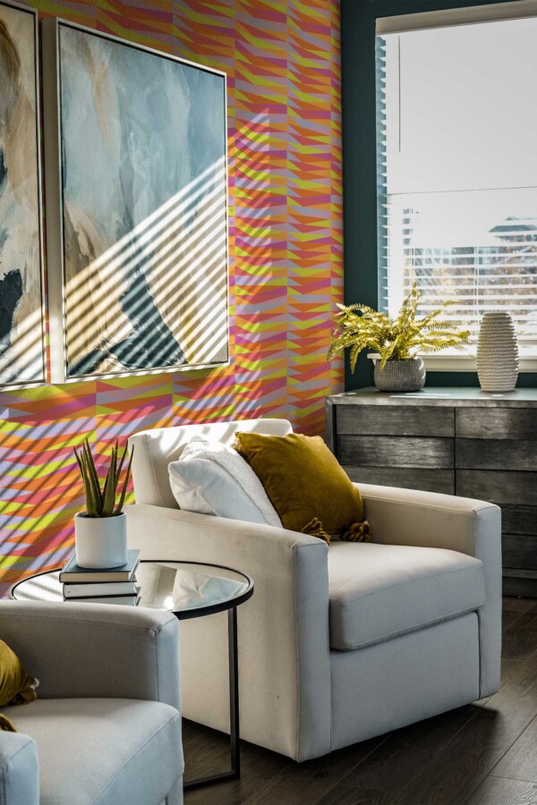 Fancy Walls peel and stick wallpaper with colorful geometric triangles in green orange and purple.