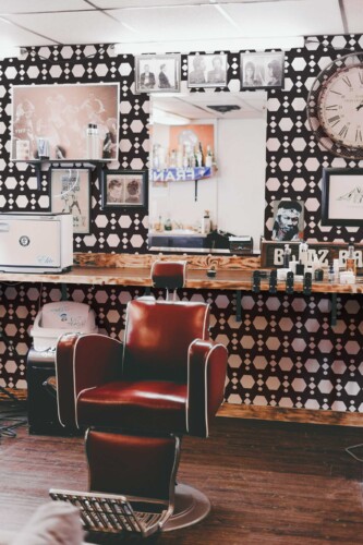 Fancy Walls peel and stick wallpaper with modern monochrome geometric hexagon pattern.