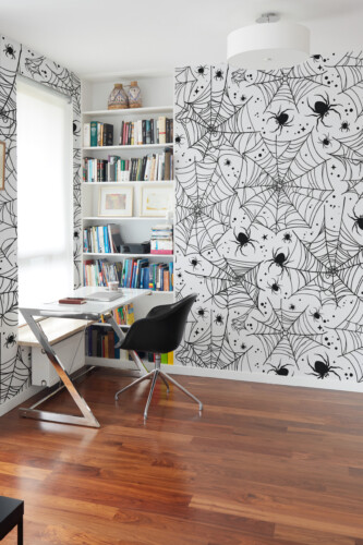 Monochrome Spiders and Webs wall mural by Fancy Walls featuring black and white spider pattern peel and stick wall mural