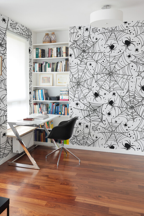 Monochrome Spiders and Webs wall mural by Fancy Walls featuring black and white spider pattern peel and stick wall mural