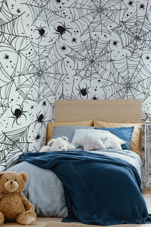Fancy Walls Monochrome Spiders and Webs wall mural peel and stick with gothic spiderwebs on light background