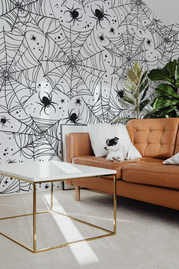Monochrome Spiders and Webs wall mural by Fancy Walls showing black spiders and detailed line art web wall mural peel and stick