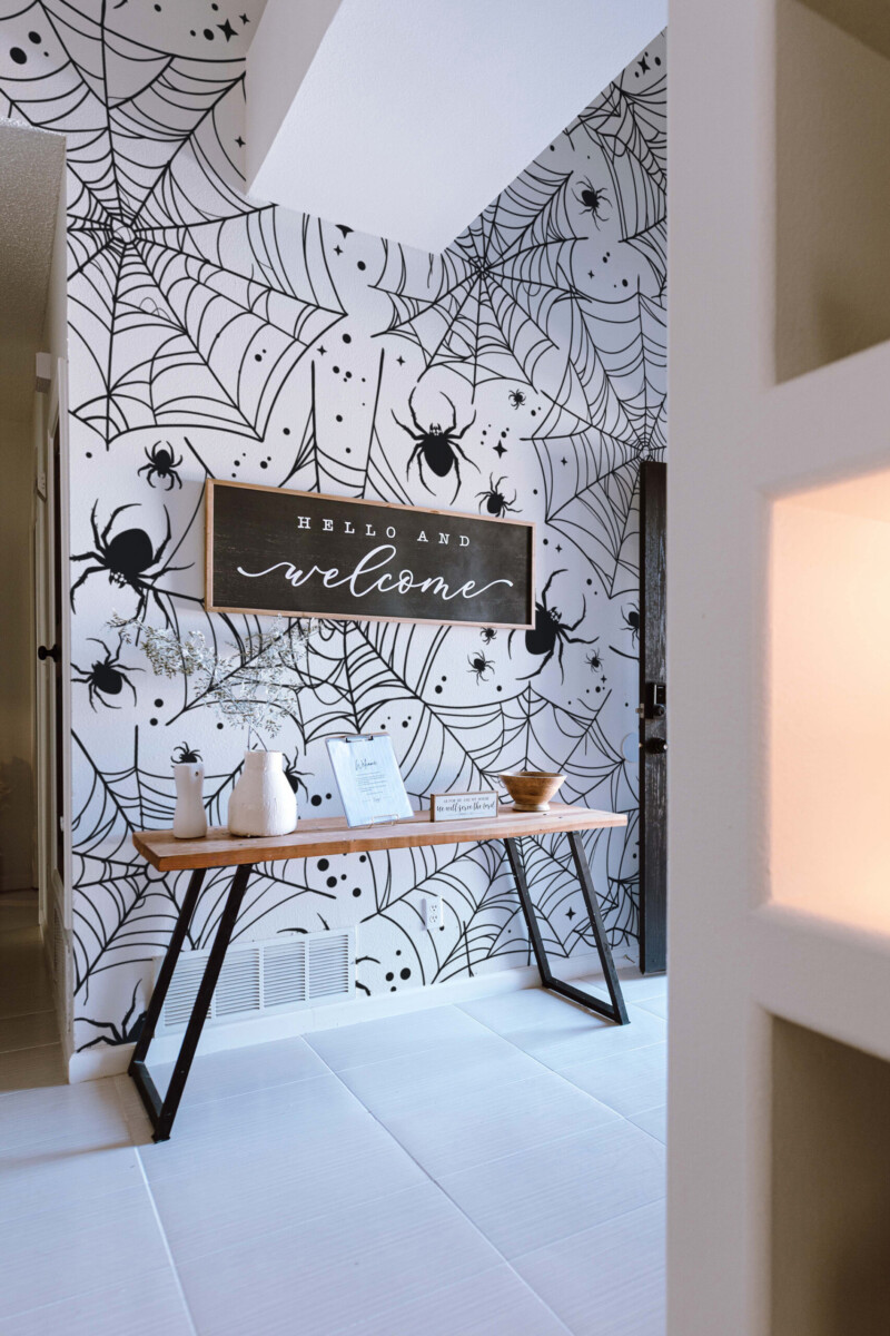 Fancy Walls Monochrome Spiders and Webs printed wall mural with intricate webs wall mural printing for modern interiors