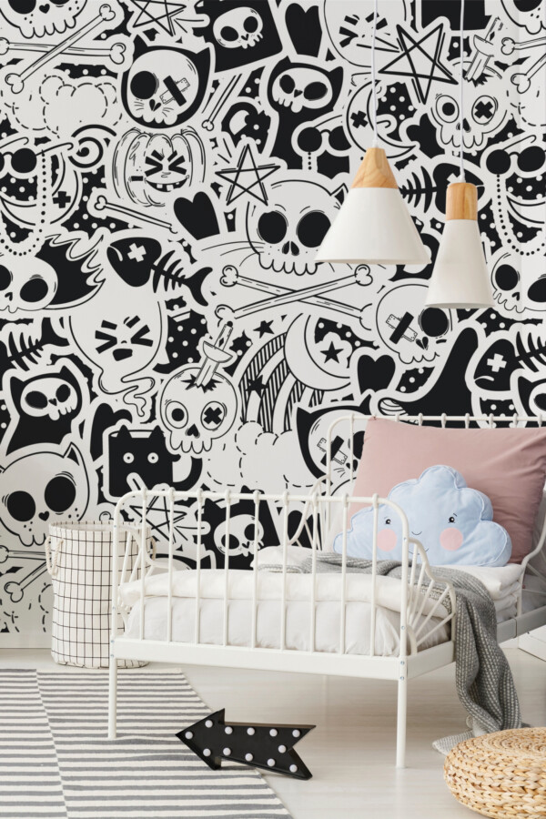 Fancy Walls Monochrome Spooky Art printed wall mural with skulls, bones, and bats in a bold black and white graffiti pattern wall mural printing quality