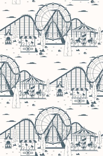 Fancy Walls removable wallpaper showcasing whimsical ferris wheel and boardwalk motifs on cream tones.
