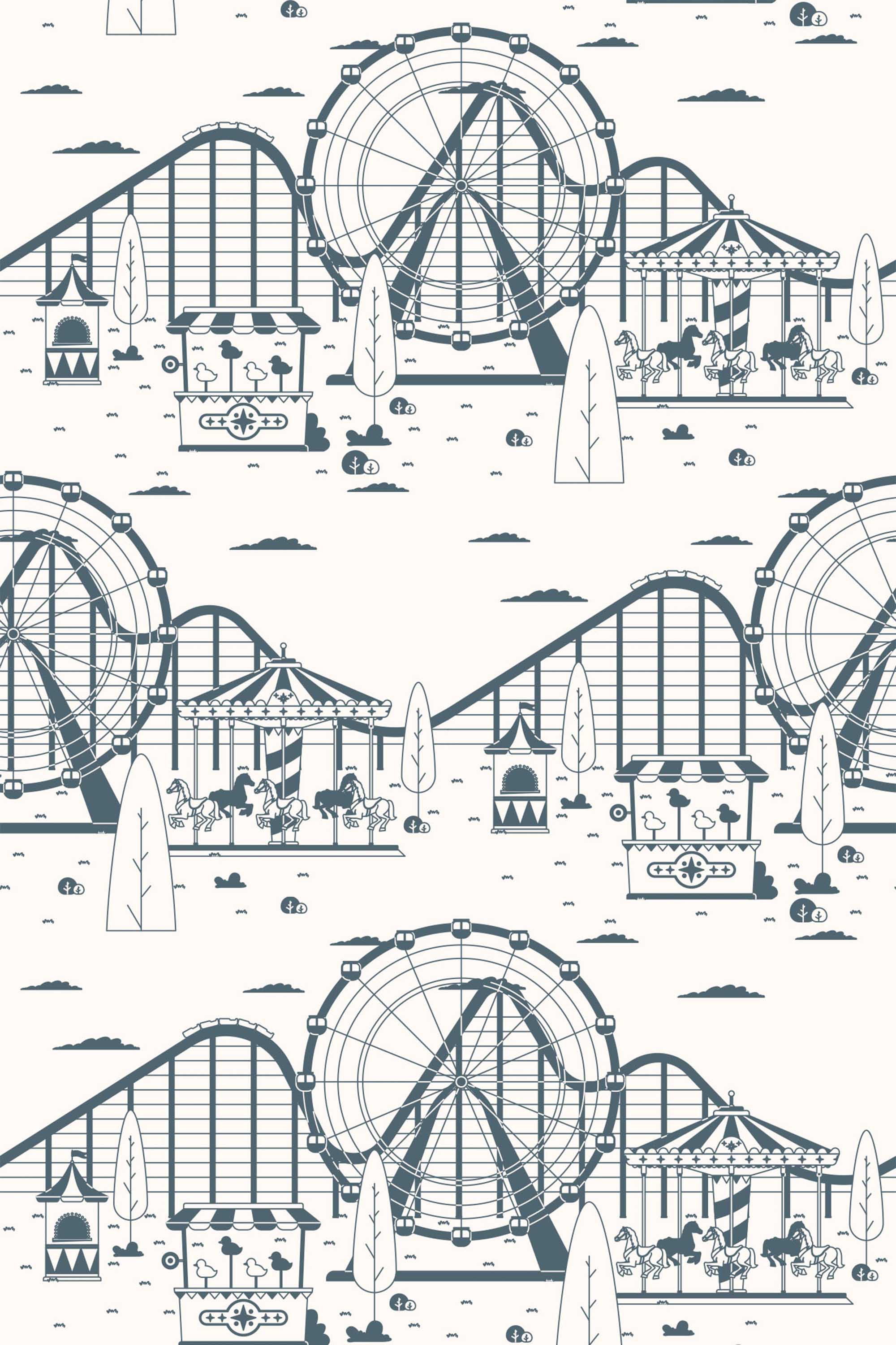 Fancy Walls removable wallpaper showcasing whimsical ferris wheel and boardwalk motifs on cream tones.