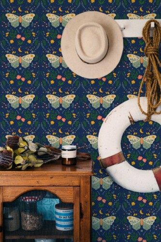 Fancy Walls traditional wallpaper inspired by whimsical moth and butterfly garden design.