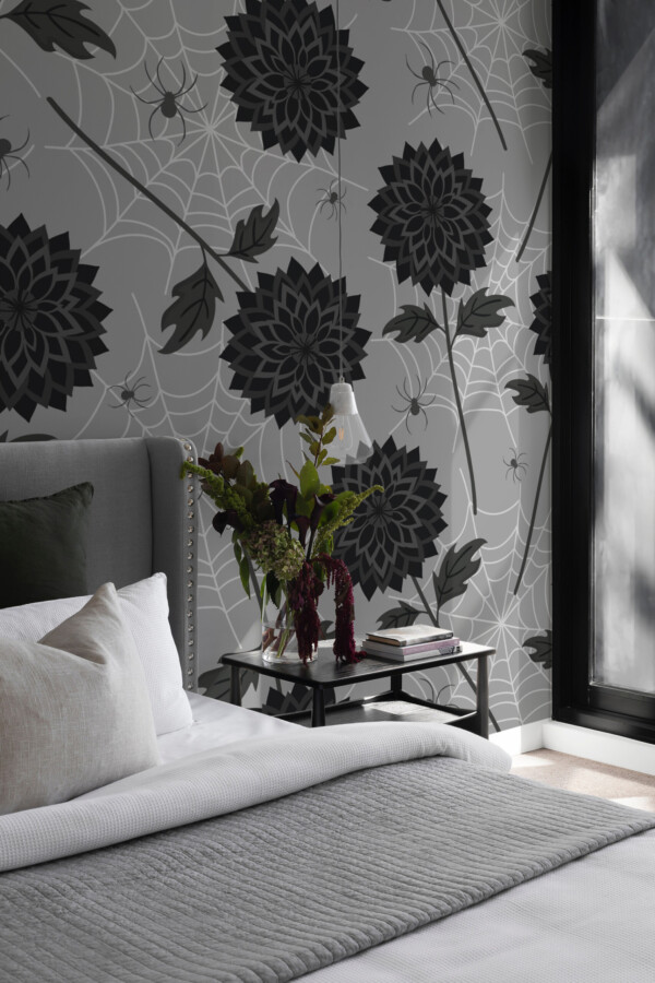 Fancy Walls Gothic Dark Floral printed wall mural with bold black flowers and delicate spider details creating a dramatic effect wall mural printing quality