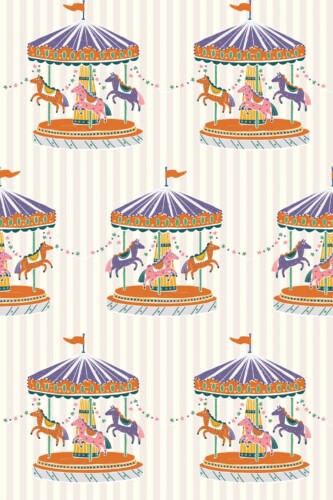 Fancy Walls removable wallpaper inspired by storybook fairgrounds with whimsical beige tones and carousel art.