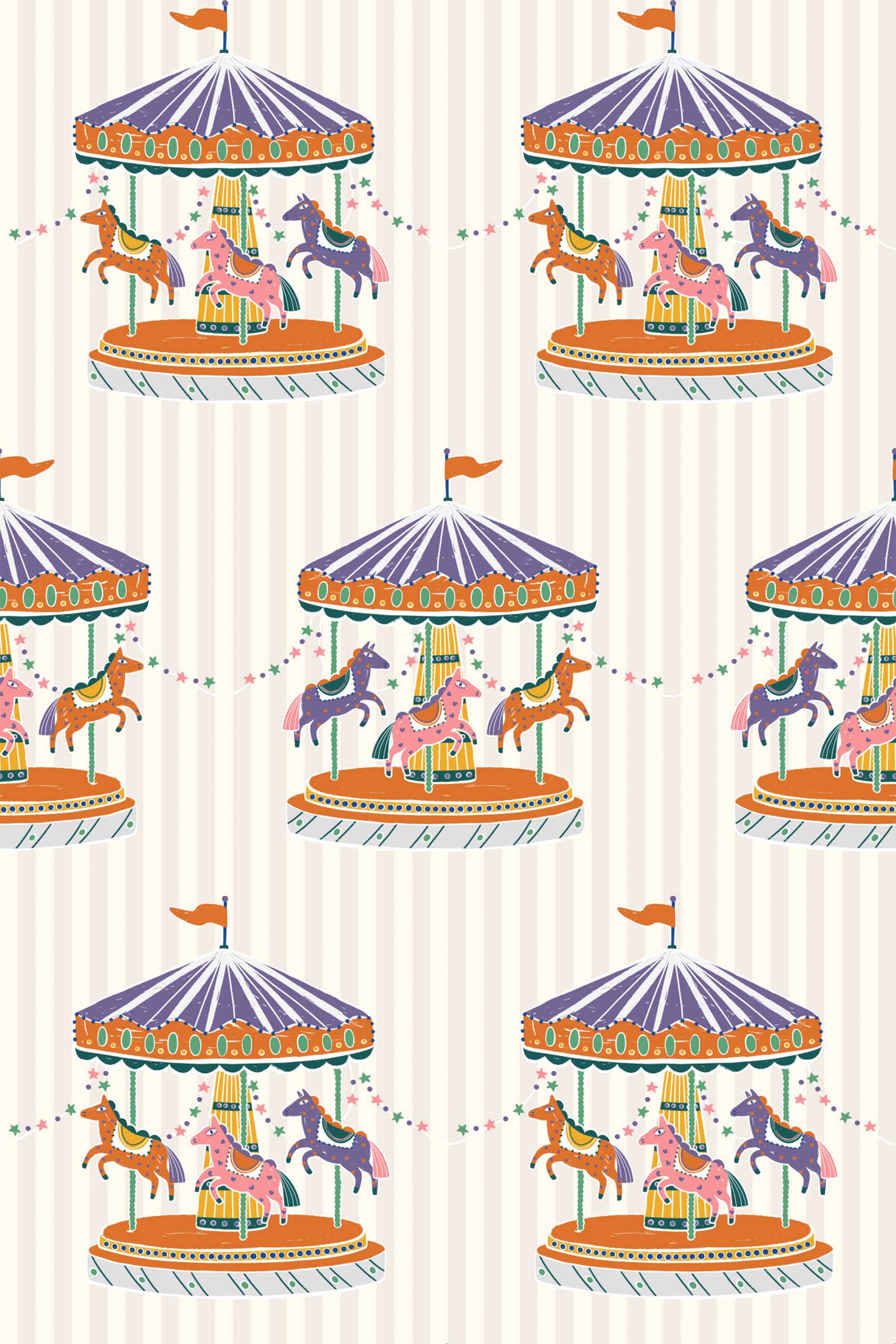 Fancy Walls removable wallpaper inspired by storybook fairgrounds with whimsical beige tones and carousel art.