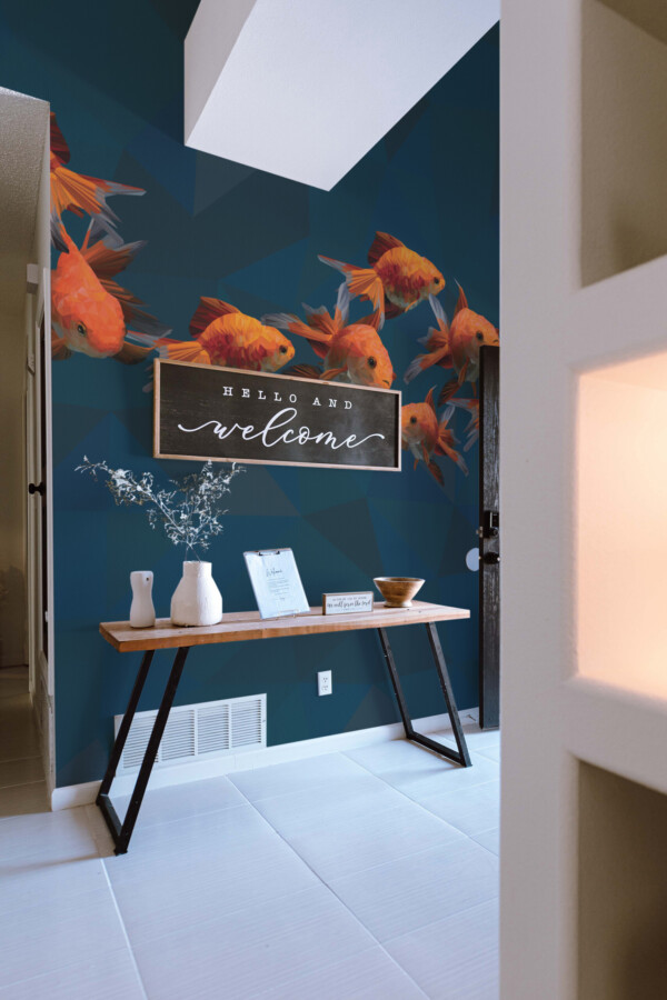 Polygonal Golden Fishes wall mural by Fancy Walls ideal as a commercial peel and stick wall mural for restaurants, cafes, or creative interiors