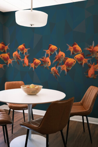 Polygonal Golden Fishes printed wall mural by Fancy Walls combining polygonal geometry with vivid fish art for contemporary interiors