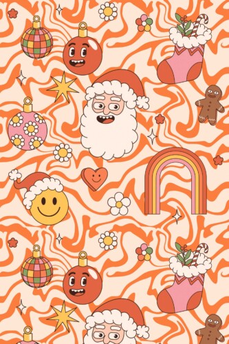 Fancy Walls removable wallpaper showing a groovy orange and pink holiday pattern for cheerful interiors.