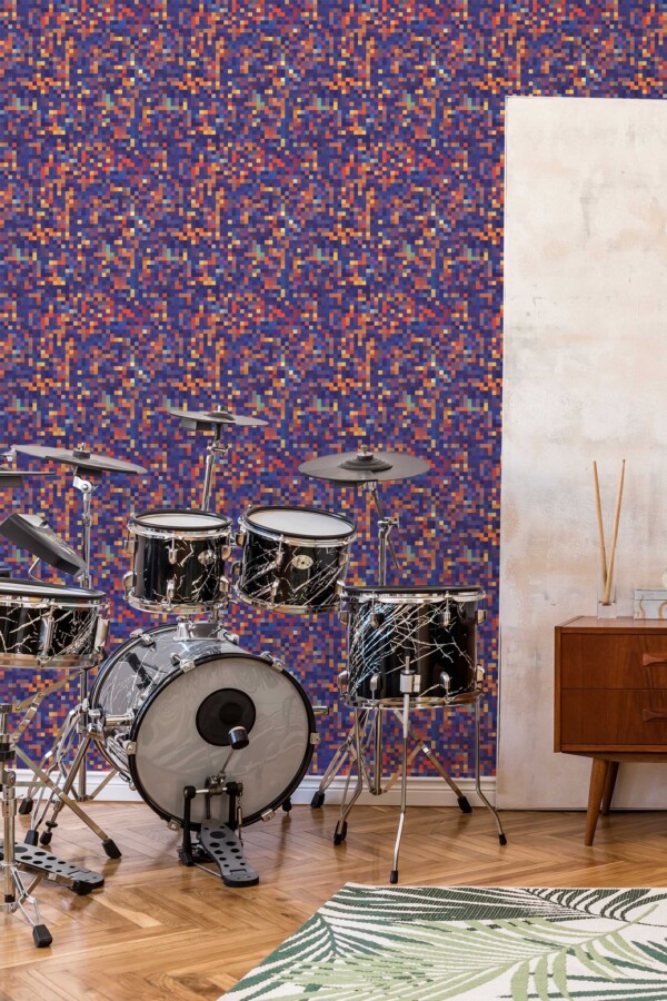 Fancy Walls removable wallpaper with abstract purple and red pixel art.