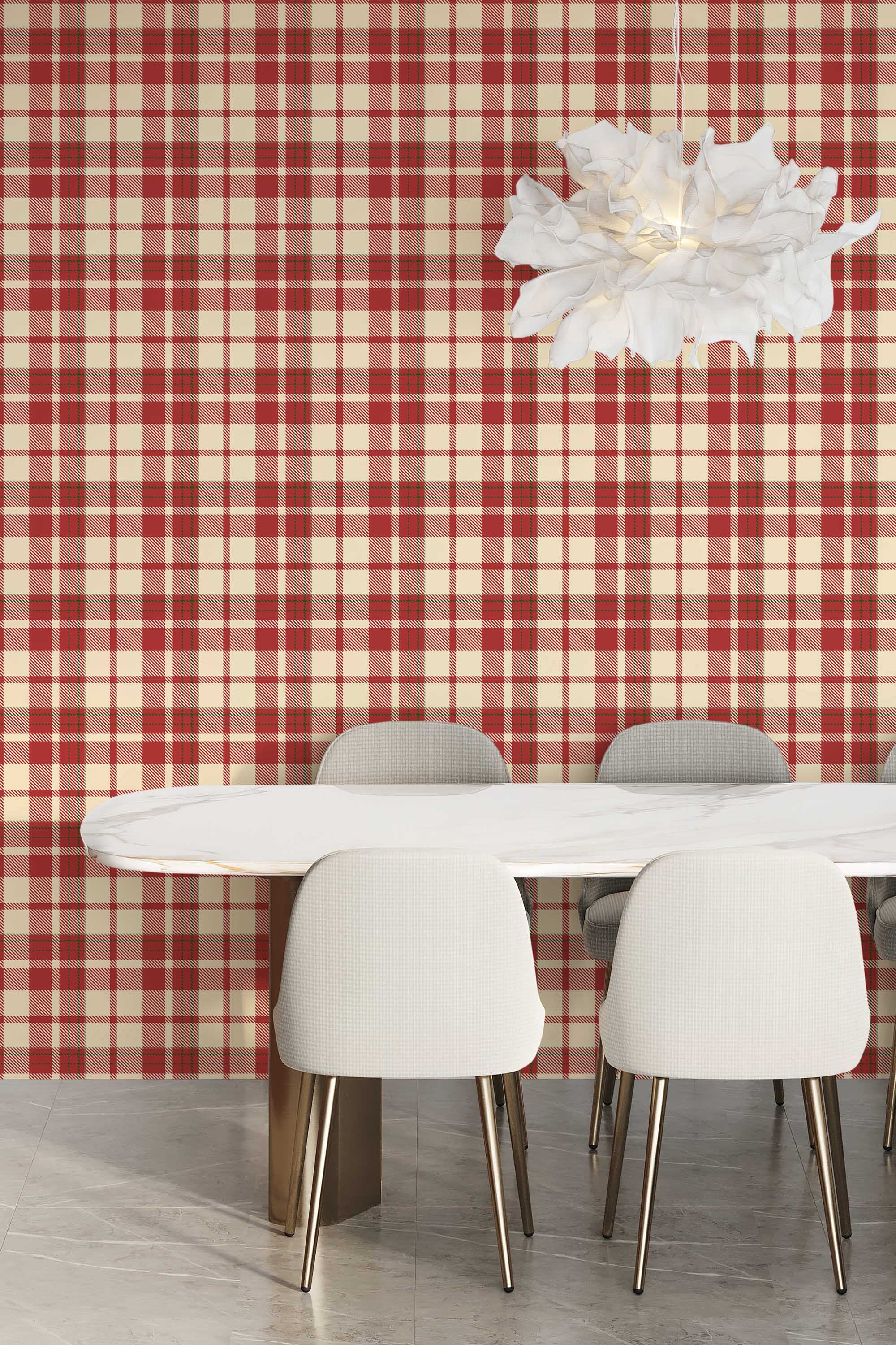 Fancy Walls self-adhesive wallpaper with classic beige and red tartan pattern for warm interiors.