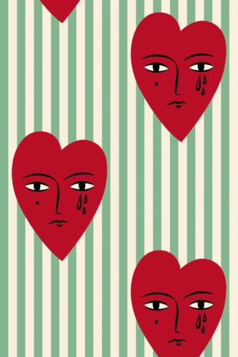 Fancy Walls removable wallpaper with illustrated crying hearts pattern in sage green tones.