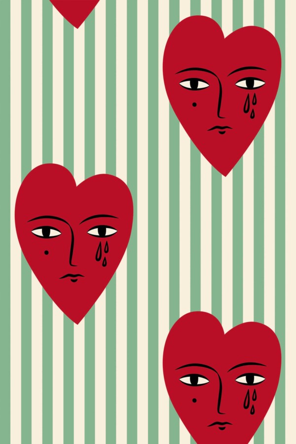 Fancy Walls removable wallpaper with illustrated crying hearts pattern in sage green tones.
