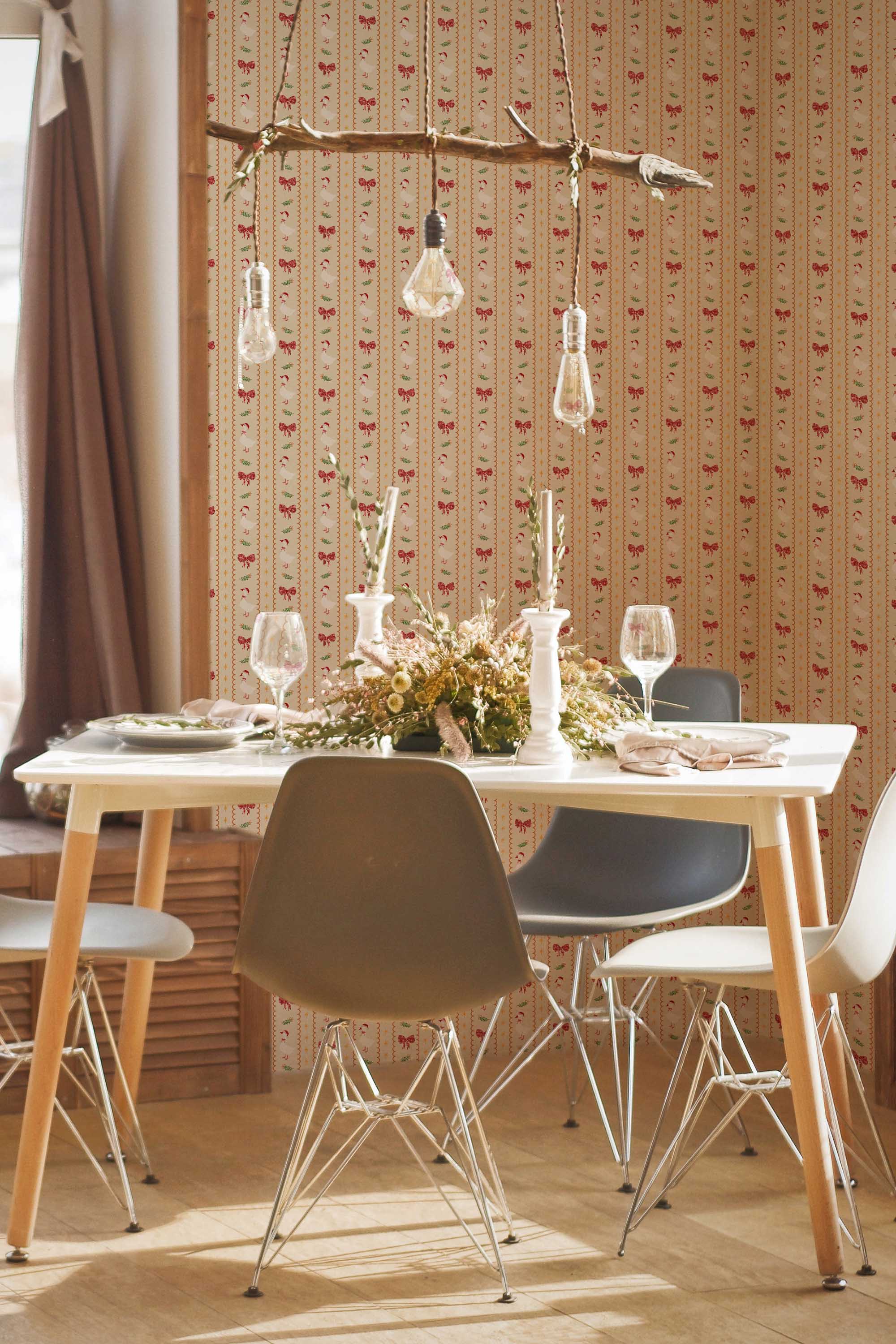 Fancy Walls peel and stick wallpaper featuring beige Christmas geese and holly stripe pattern.