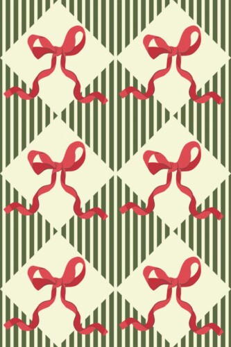 Fancy Walls removable wallpaper showcasing nostalgic giftwrap bow pattern in soft green.