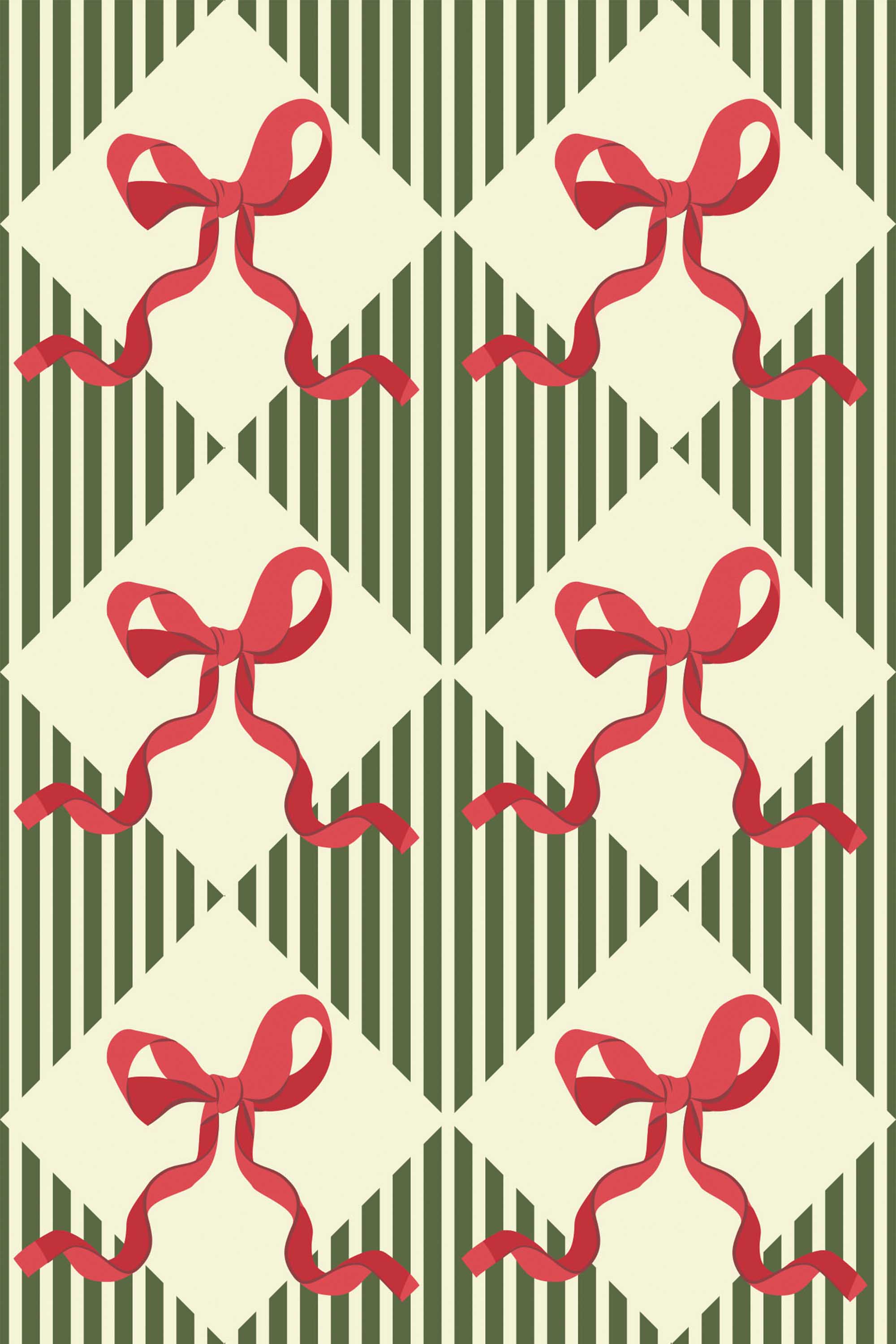 Fancy Walls removable wallpaper showcasing nostalgic giftwrap bow pattern in soft green.