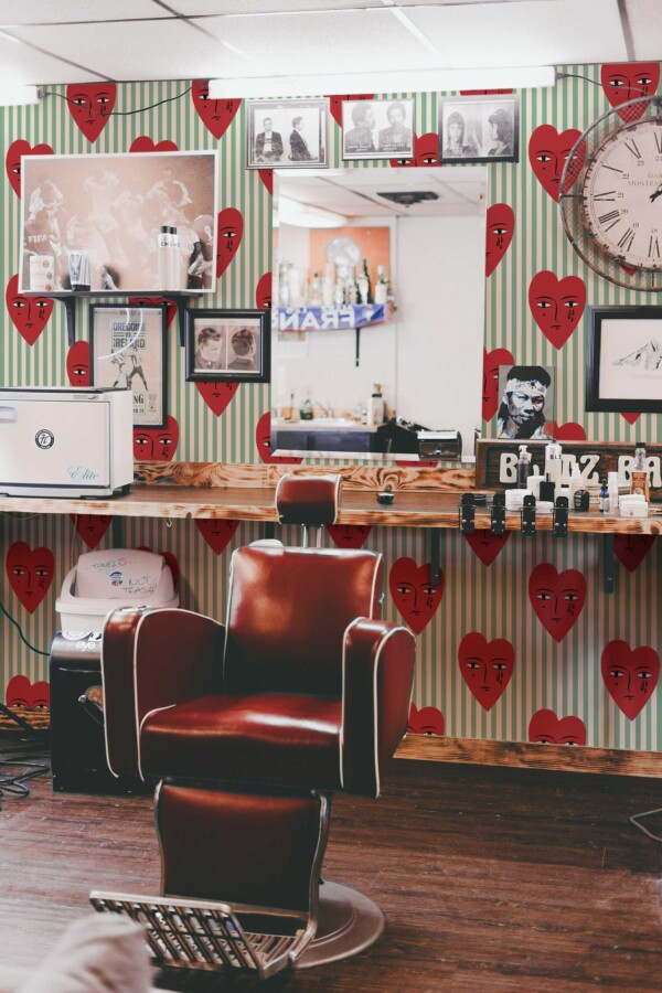 Fancy Walls self-adhesive wallpaper featuring boho crying hearts on sage green and beige.