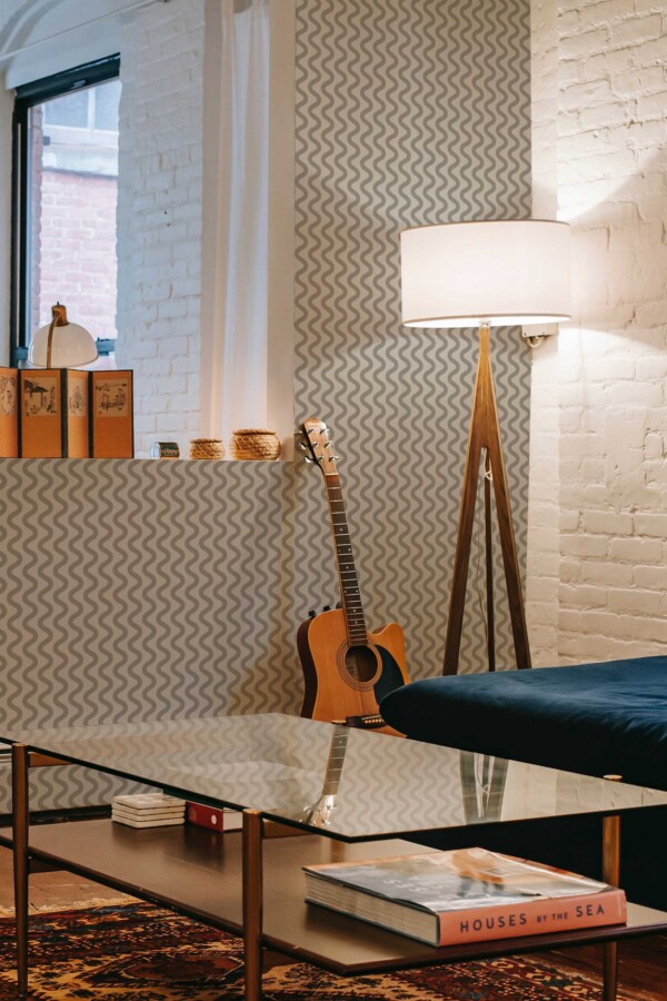Fancy Walls self-adhesive wallpaper featuring wavy greige striped pattern.