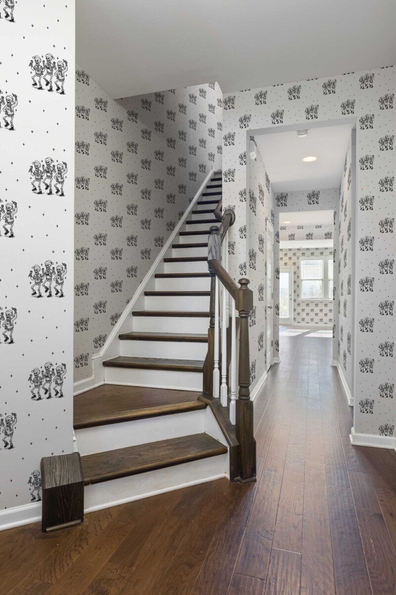 Fancy Walls traditional wallpaper combining gothic elegance with festive skeletons for unique decor.