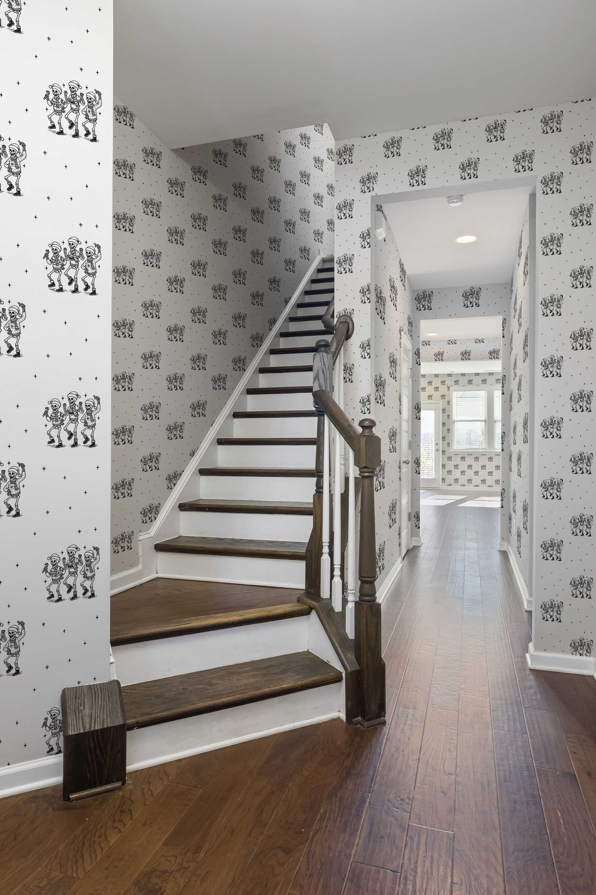 Fancy Walls traditional wallpaper combining gothic elegance with festive skeletons for unique decor.