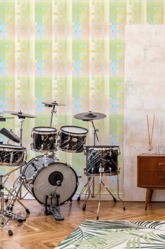 Fancy Walls self-adhesive wallpaper featuring cute pastel aesthetic pixel design. Soft Pixels peel and stick or non-pasted PVC-free or non-pasted light modern pixel art wallpaper