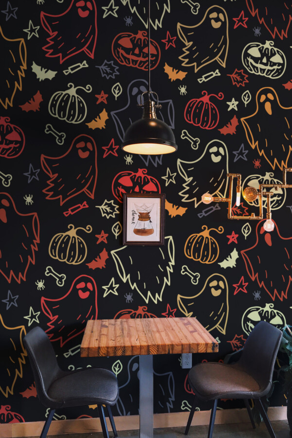 Spooky Chalkboard wall mural by Fancy Walls featuring colorful Halloween doodles with ghosts pumpkins and bats peel and stick wall mural