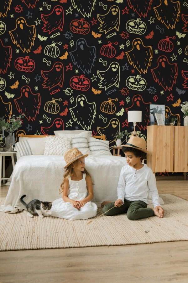 Fancy Walls Spooky Chalkboard wall mural peel and stick with bright chalk-style Halloween pattern and black background