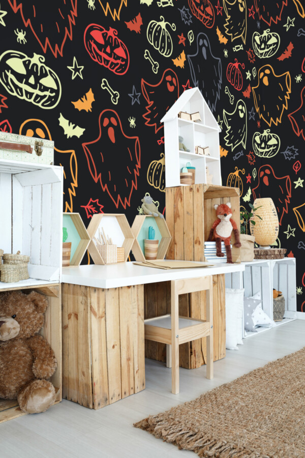 Spooky Chalkboard wall mural by Fancy Walls showcasing colorful Halloween ghosts and pumpkins wall mural peel and stick