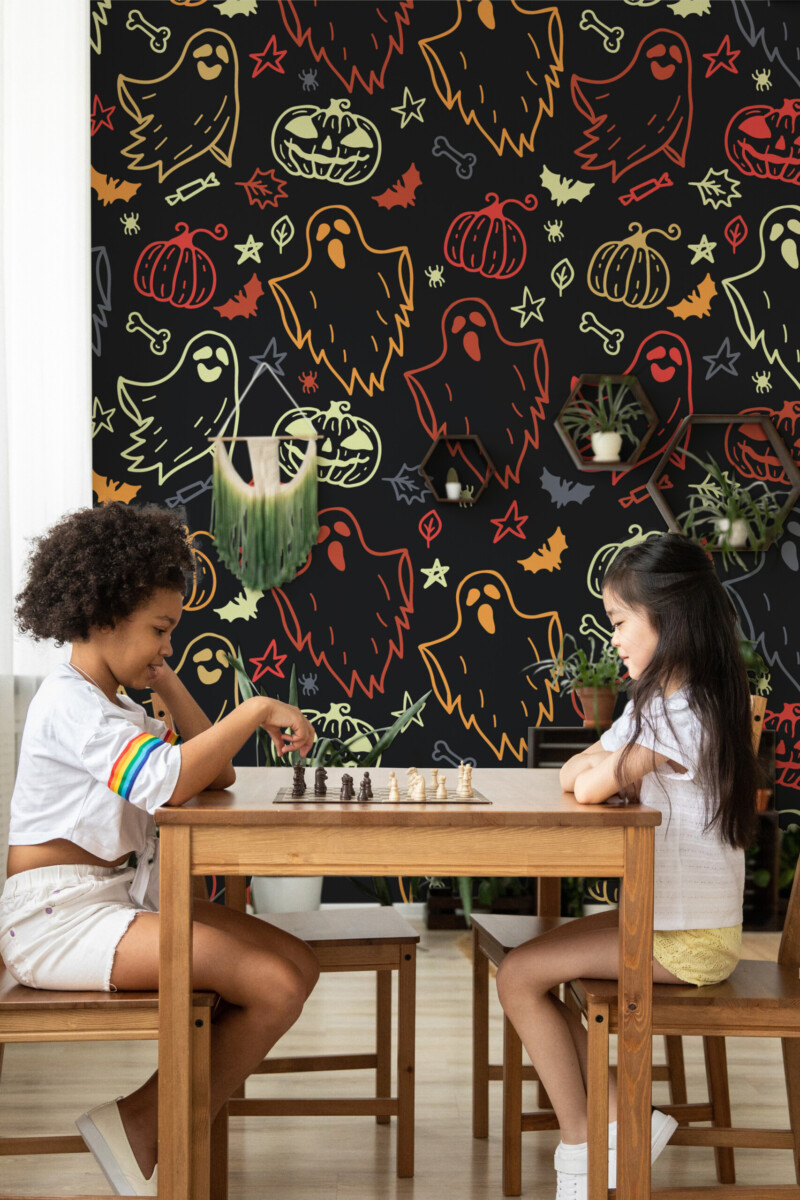 Fancy Walls Spooky Chalkboard printed wall mural with fun Halloween sketches wall mural printing for festive interiors