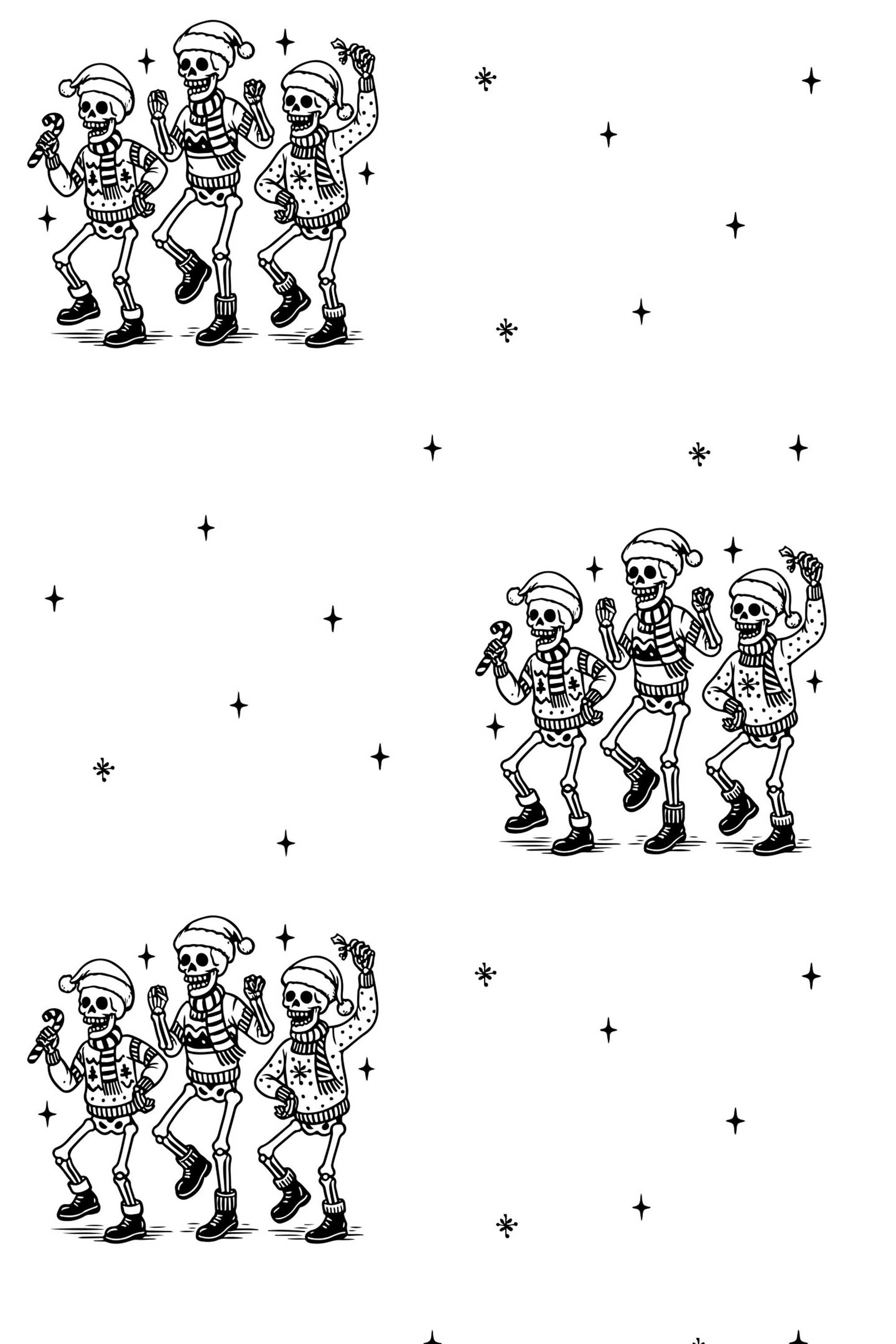 Fancy Walls removable wallpaper showing dancing skeletons in festive black and white design.