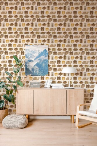 Fancy Walls removable wallpaper showcasing beige geometric gift motifs for subtle vintage charm.