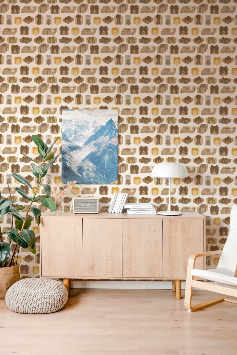 Fancy Walls removable wallpaper showcasing beige geometric gift motifs for subtle vintage charm.