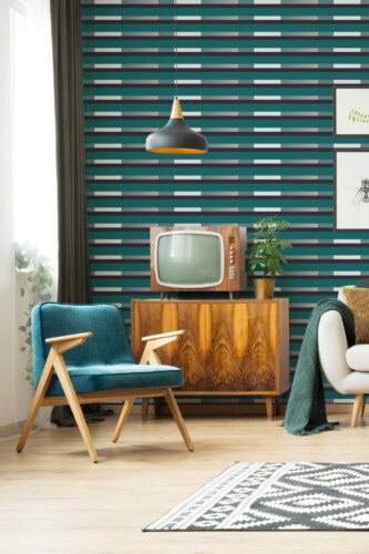 Fancy Walls self-adhesive wallpaper featuring teal gradient horizontal stripes.